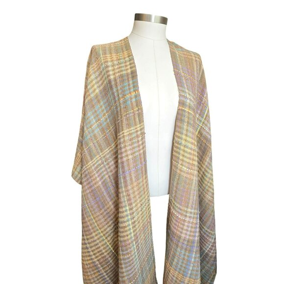 Laise Adzer Handwoven Plaid Cape Shawl Pastel Tan Multicolor Ribbon CM2057 - Picture 2 of 11